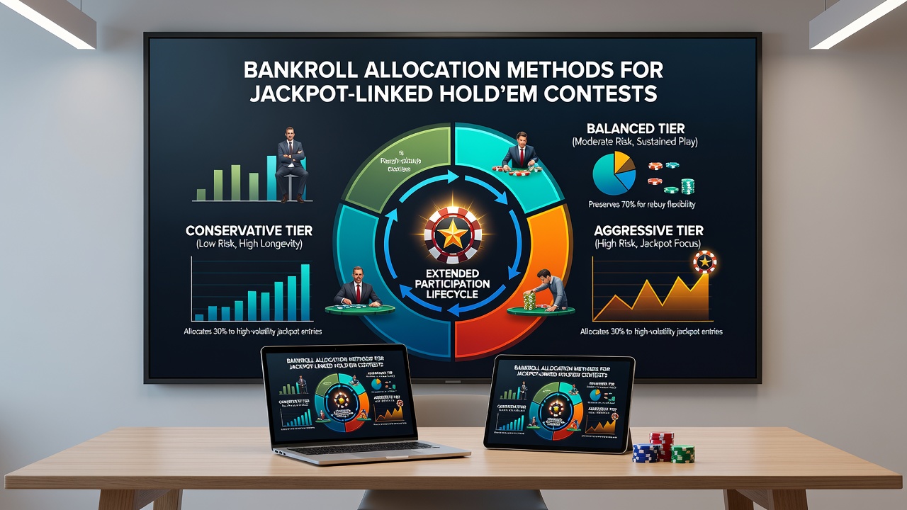 Digital dashboard displaying Hold'em tournament bankroll allocation breakdowns and progressive jackpot meters
