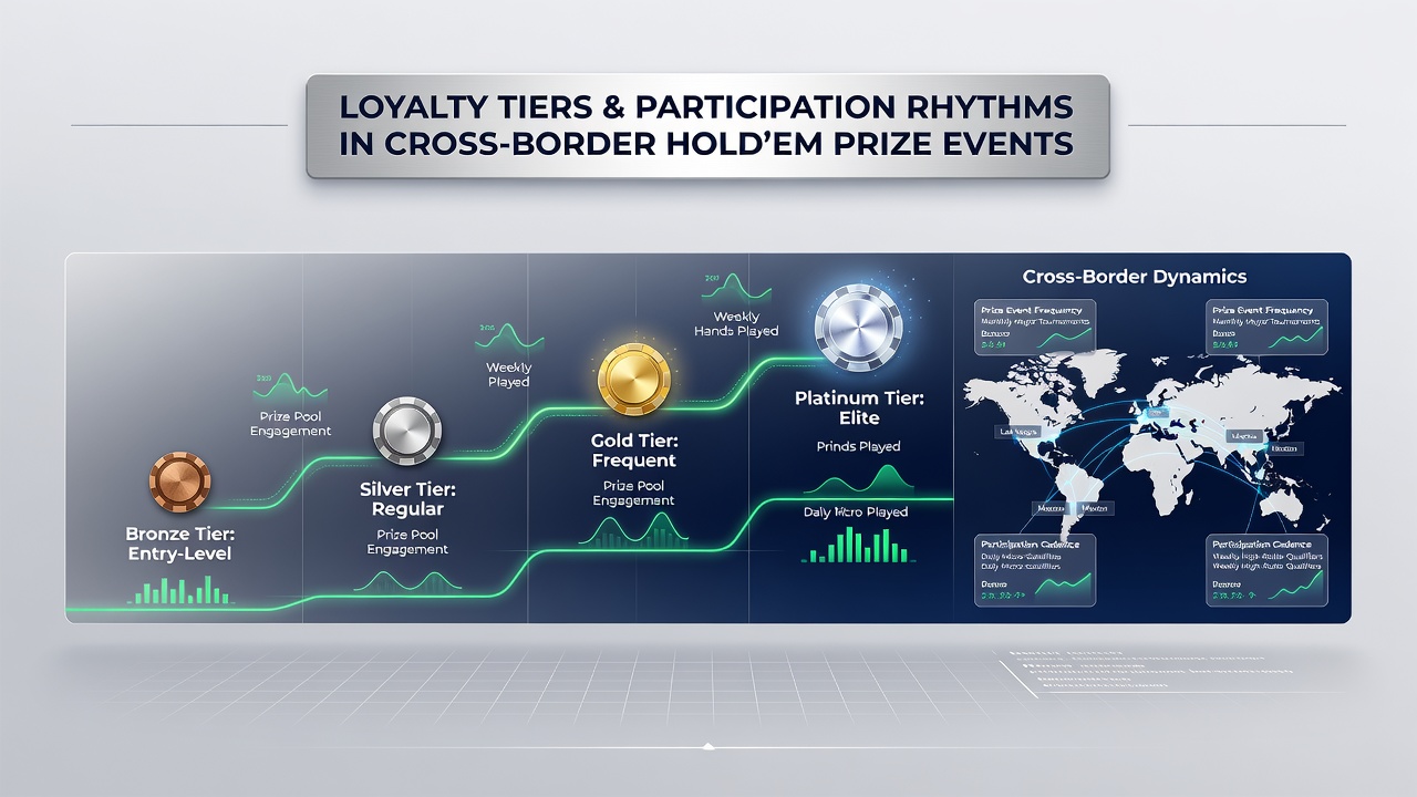 Players reviewing tier status dashboards on mobile devices during a cross-border hold'em series break