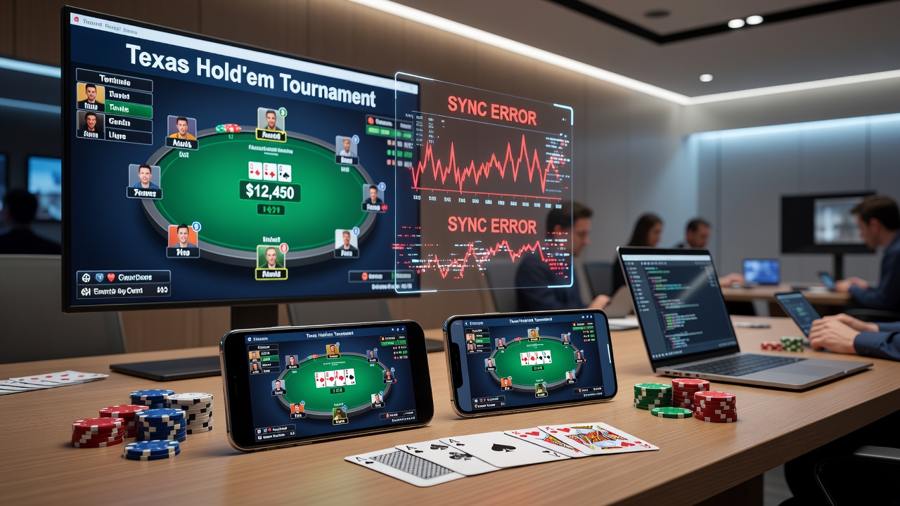Mobile and desktop poker interfaces showing side-by-side tournament screens with timing indicators