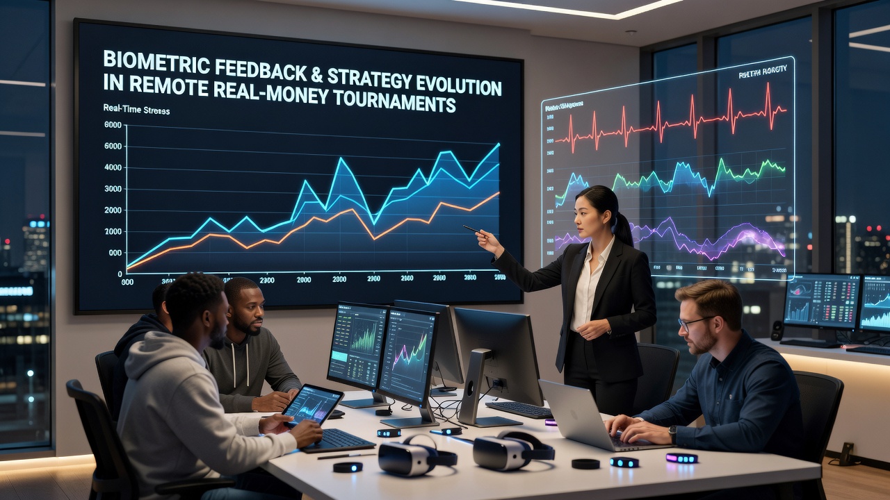 Player reviewing biometric dashboard with overlaid tournament statistics and stress indicators