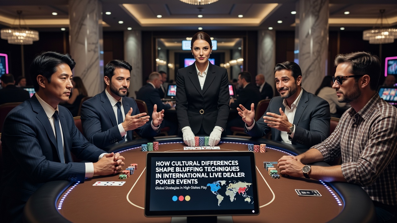 Close-up of poker chips and cards at an international live dealer event highlighting diverse player hands