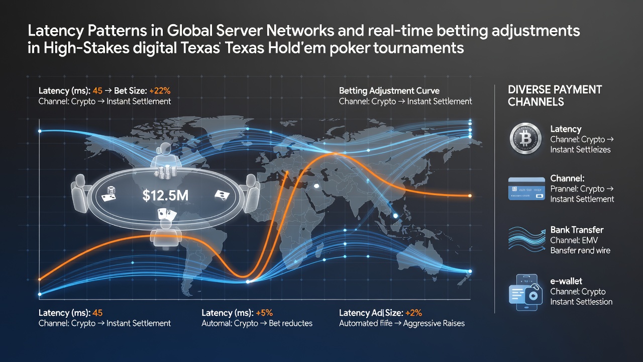 Network diagram showing server latency routes in digital hold'em platforms with payment channel integrations