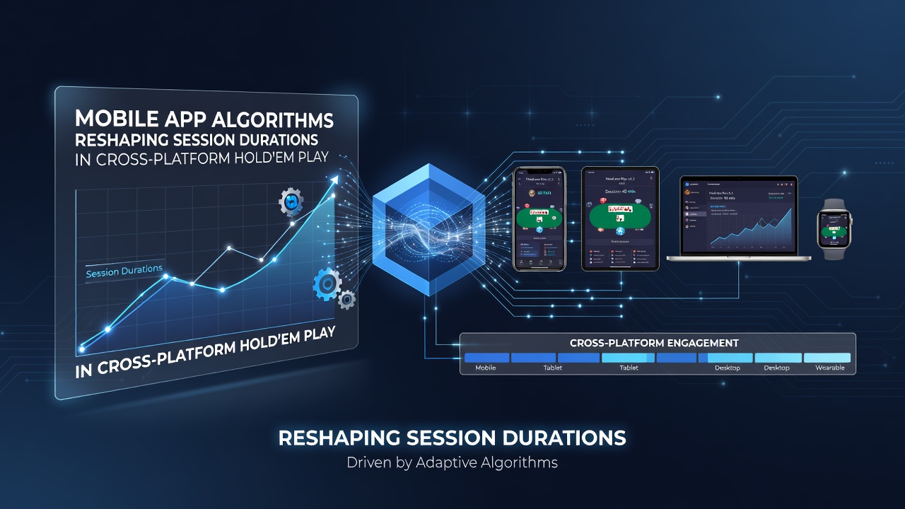 Mobile app interface showing Hold'em gameplay across smartphone and tablet devices with algorithm-driven session indicators