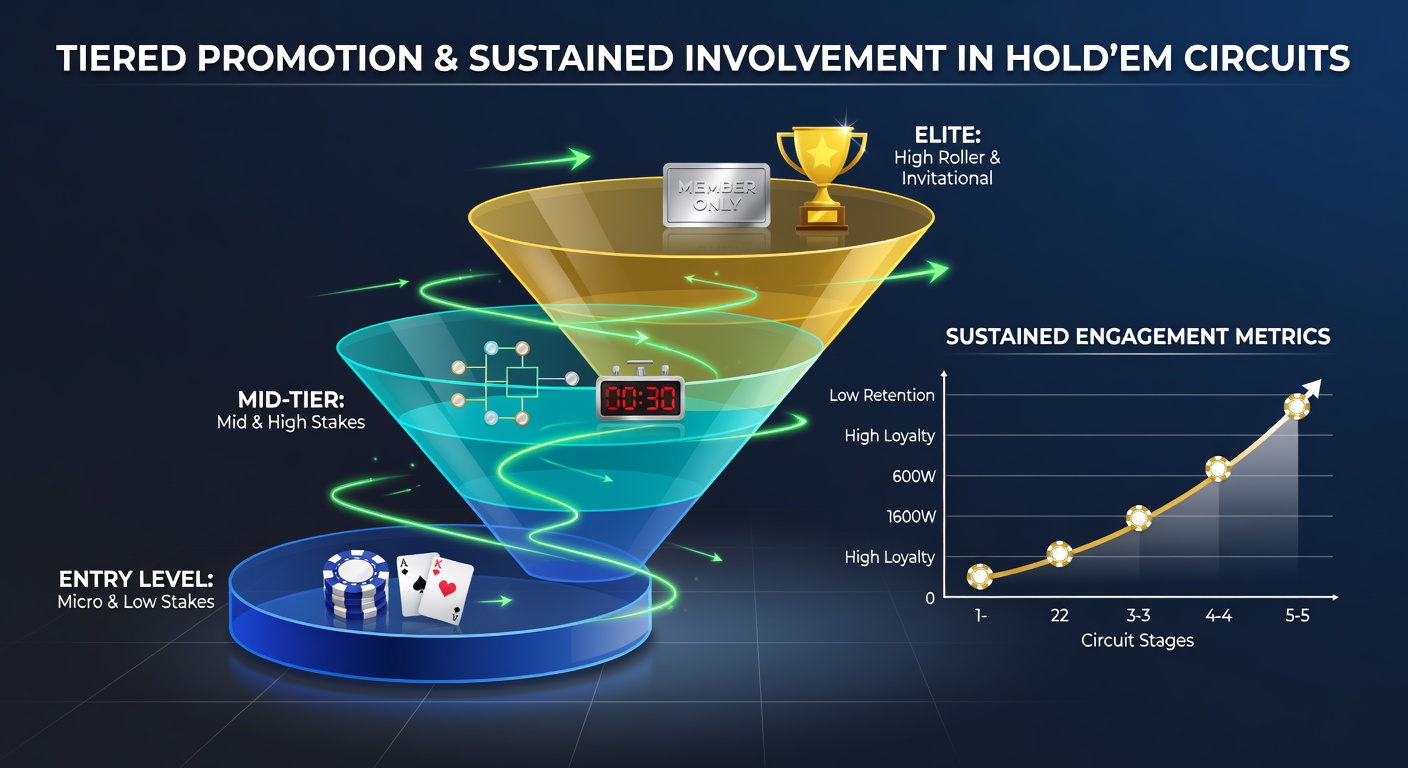 Tiered promotion structures in multi-stage Hold'em circuits showing progression levels and player engagement metrics