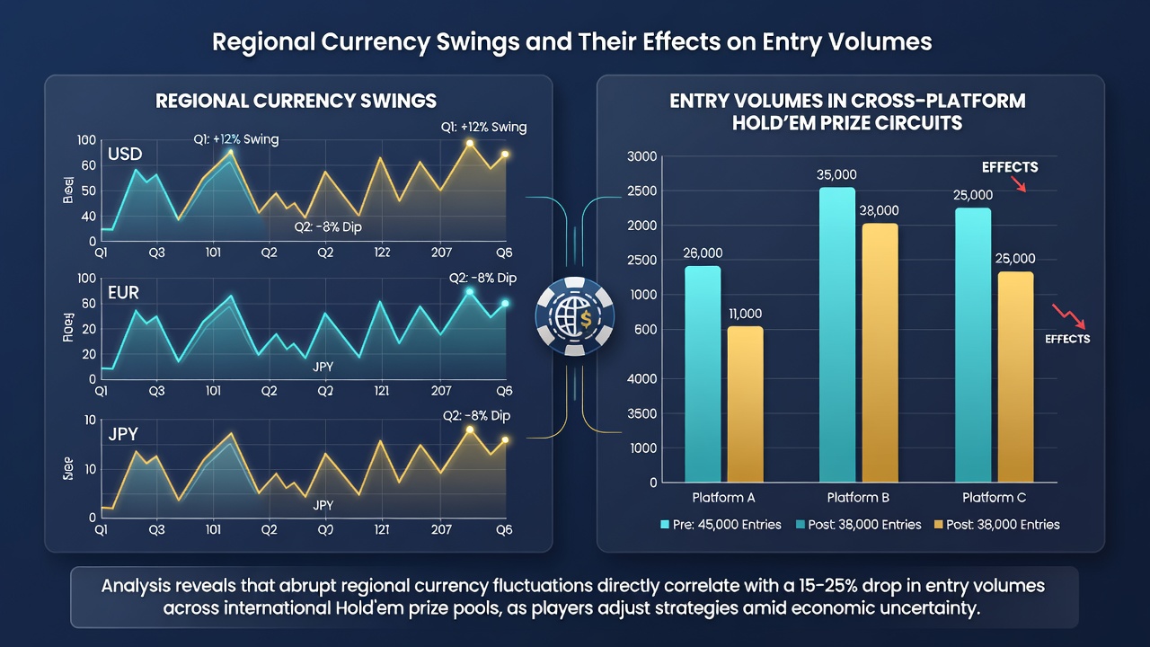 Data visualization of entry volume changes linked to currency exchange rates in poker circuits