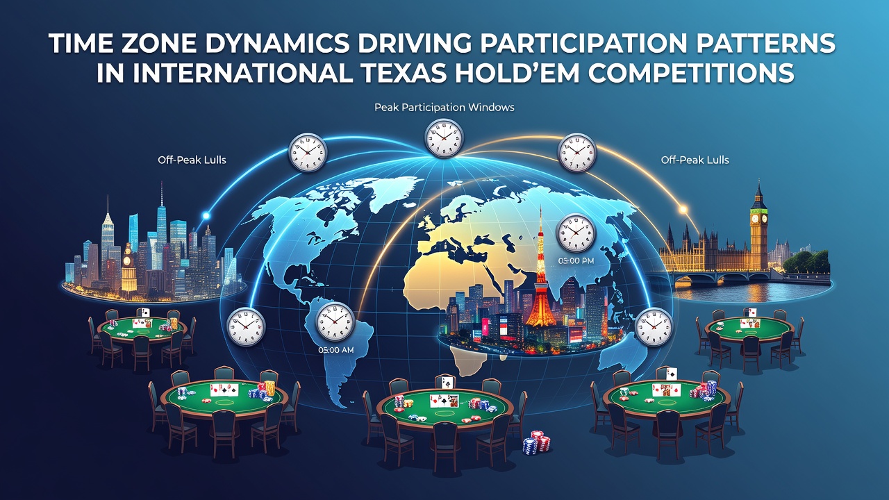 Global map overlay showing Texas Hold'em tournament start times across major time zones with player density indicators