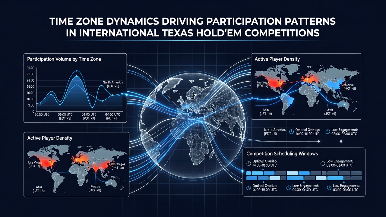 Graph displaying hourly participation rates in Texas Hold'em tournaments segmented by time zone regions