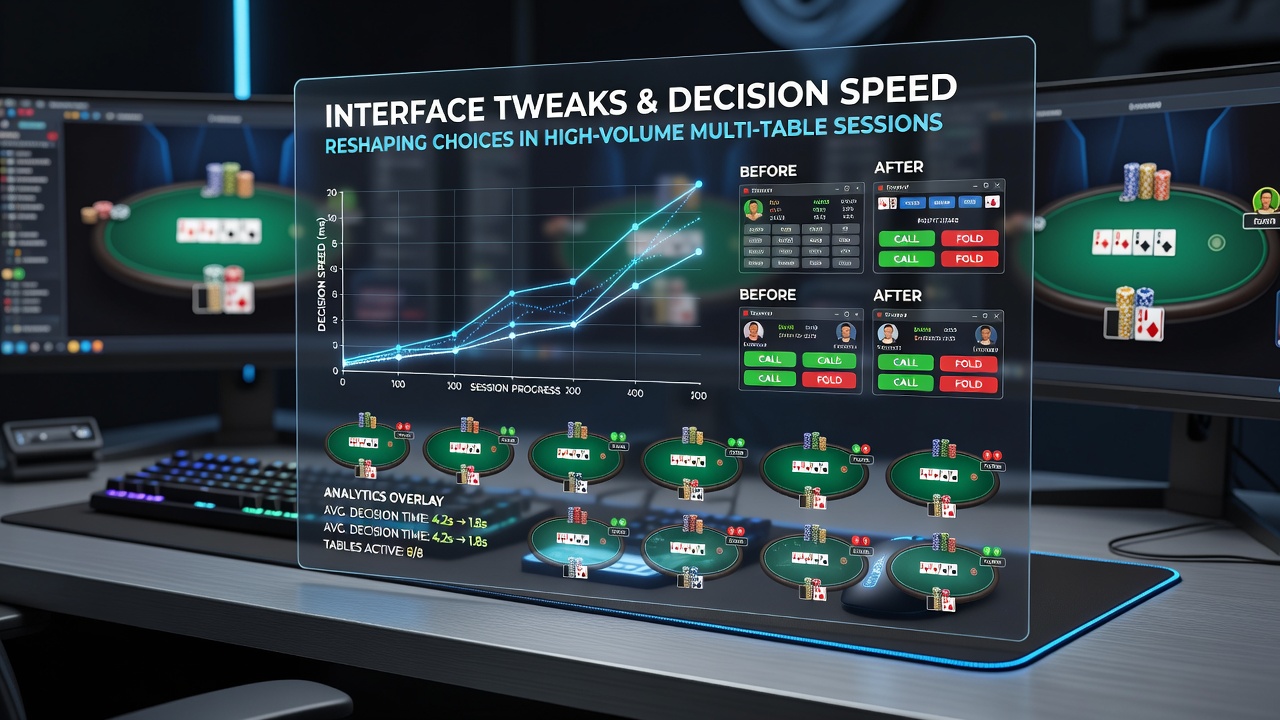 Digital poker interface showing multiple tables with streamlined decision buttons and color-coded action prompts