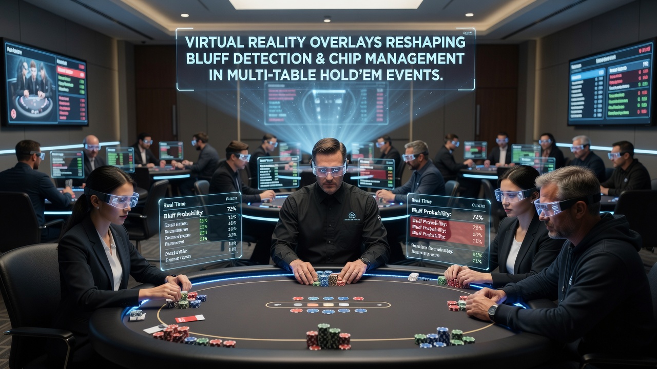 Close-up view of VR overlay showing chip management metrics and bluff probability indicators on a Hold'em table
